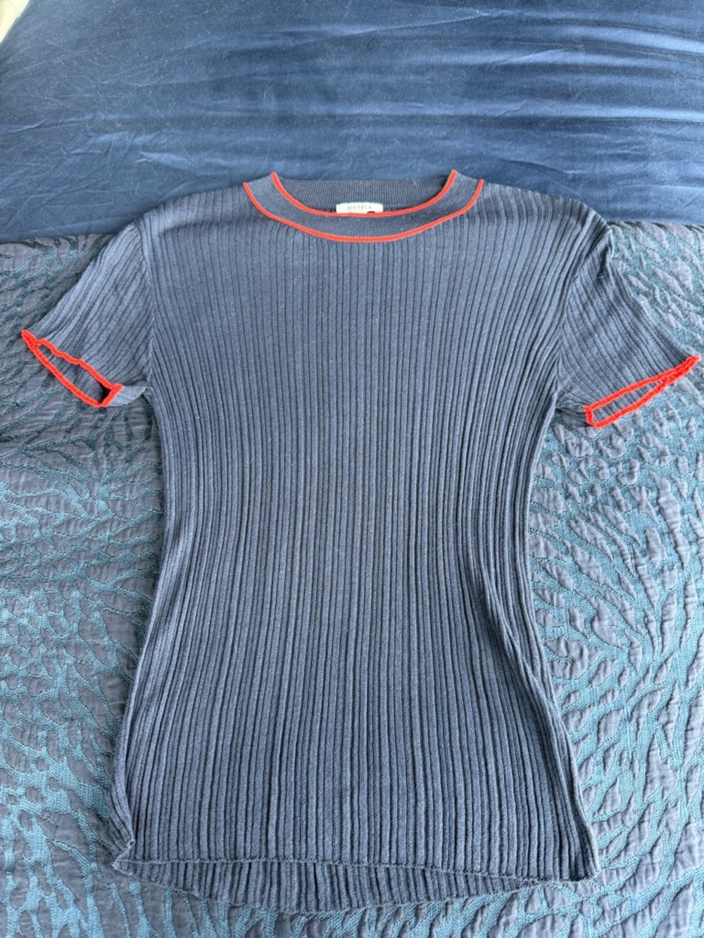 pistola Navy Ribbed Short Sleeve Top with Red Trimmed Edges